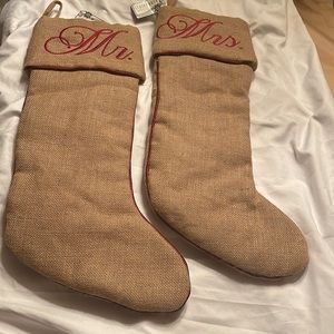 NWT Storehouse Mr and Mrs Stocking 25’ Burlap with Red trims Christmas